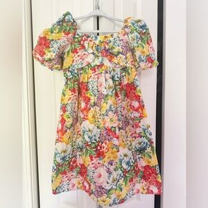 Zara Floral Puff-Sleeve Dress in Multicolor (red, yellow, green, blue, purple)